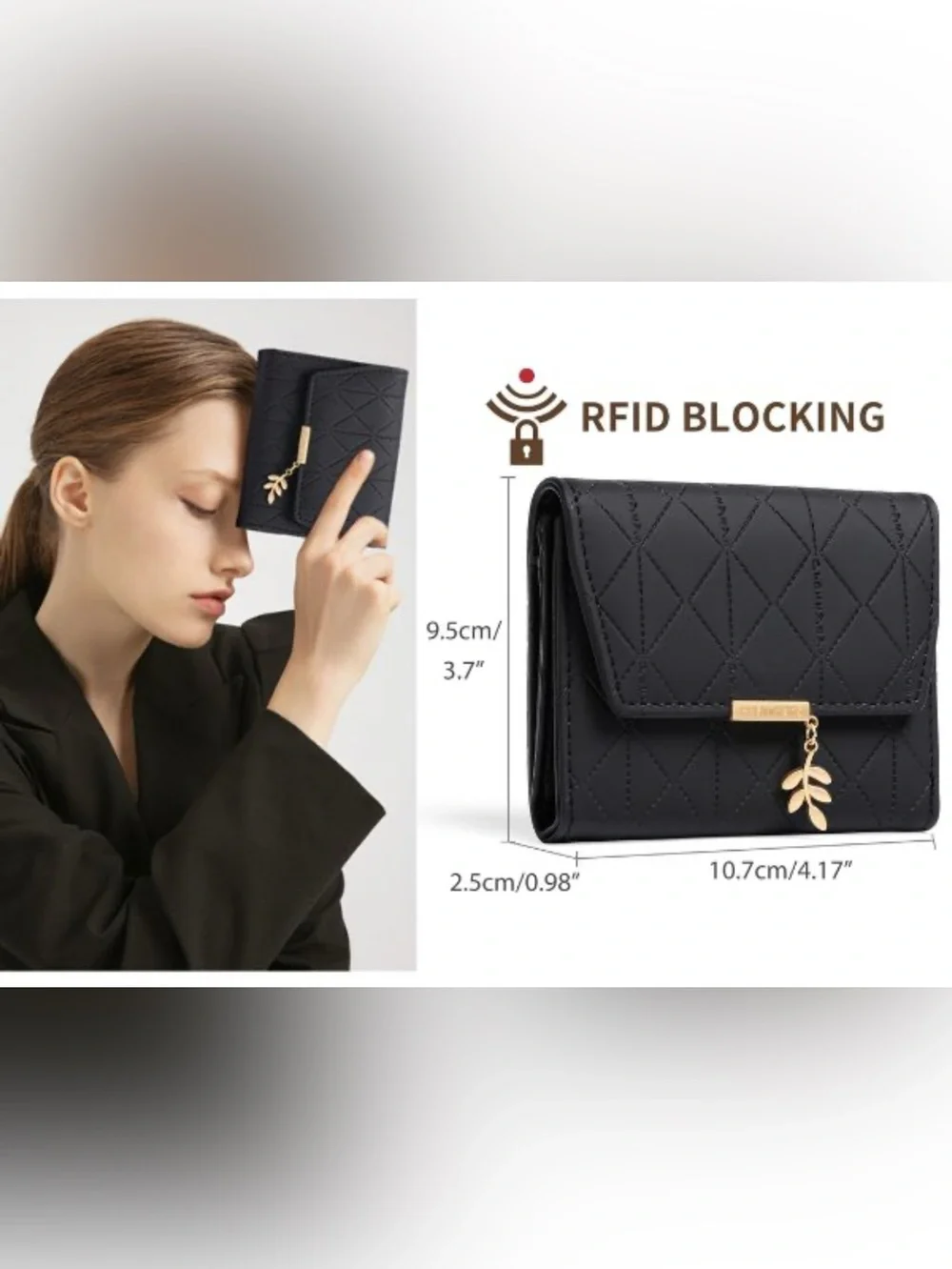 NWOT RFDI Blocking Premium Black Quilted Leather Wallet, gold-tone hardware